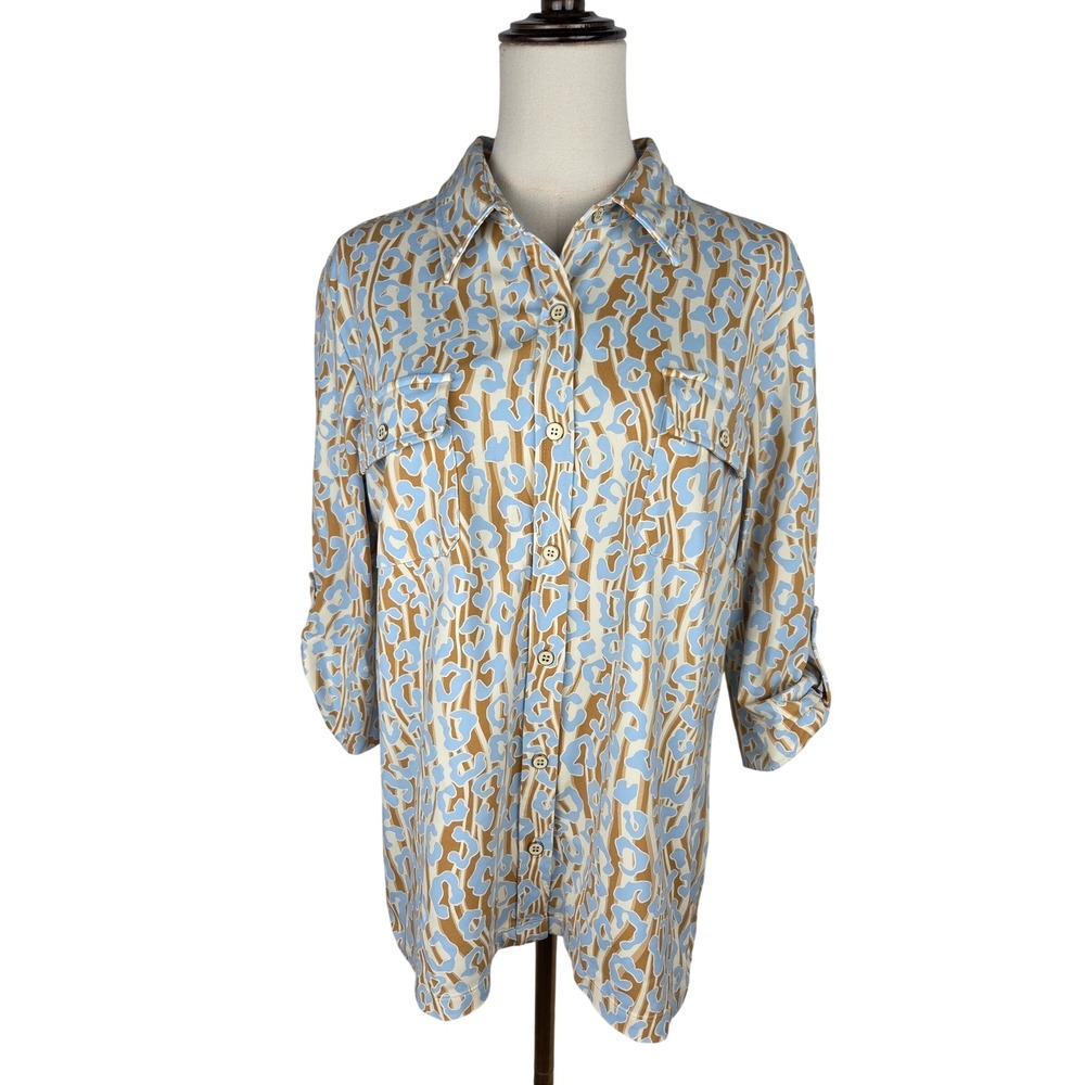 J. McLaughlin Catalina Button Shirt XL Blue Tan Animal Print Roll Tab Sleeve